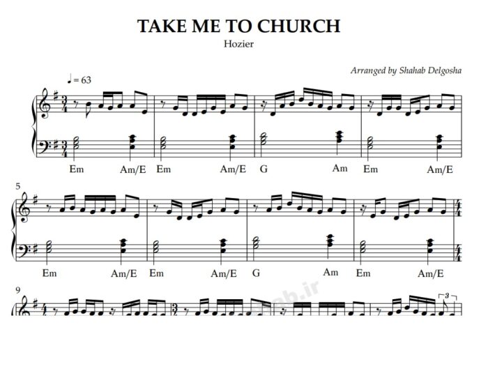 نت پیانو take me to church