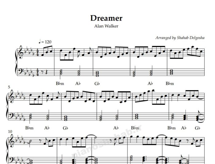نت پیانو dreamer از alan walker