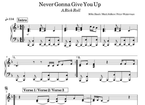 نت پیانو never gonna give you up
