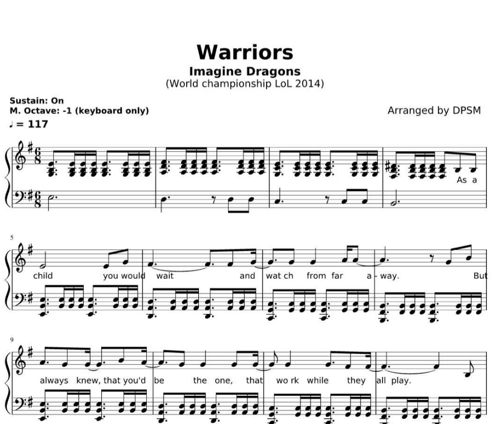 نت پیانو warriors imagine dragons