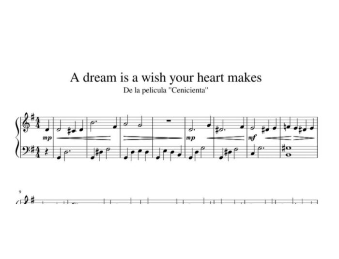 نت پیانو a dream is a wish your heart makes