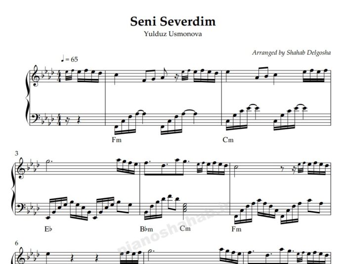 نت پیانو seni severdim