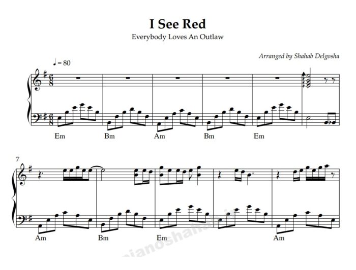نت پیانو i see red