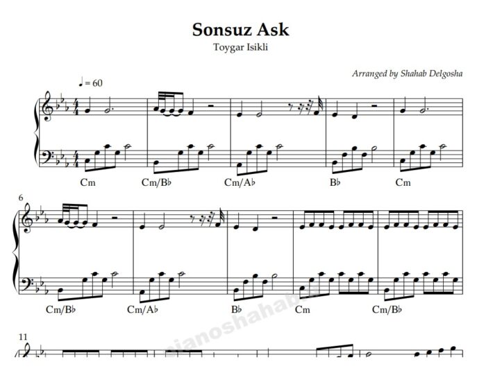 نت پیانو sonsuz ask