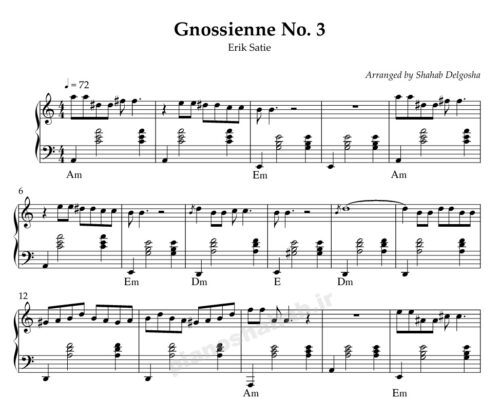نت پیانو gnossienne no 3 از erik satie