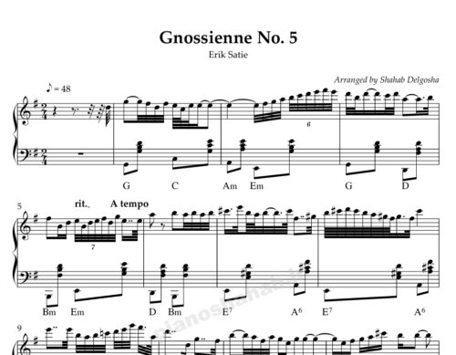 نت پیانو gnossienne no 5 از erik satie