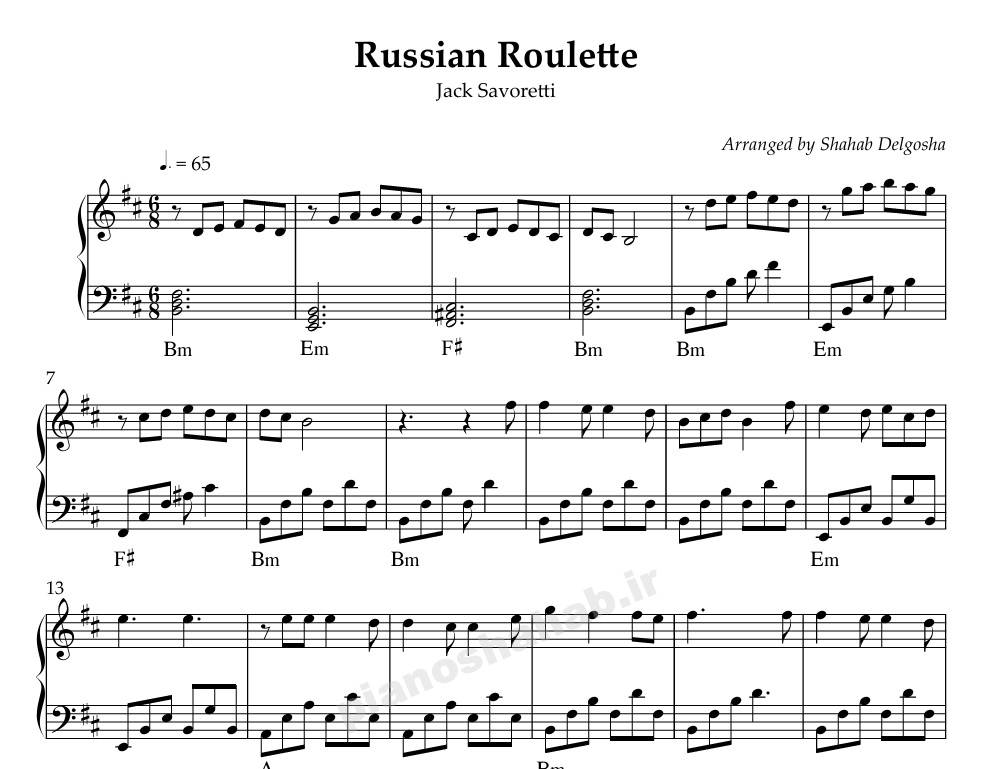 نت پیانو Russian Roulette Jack Savoretti